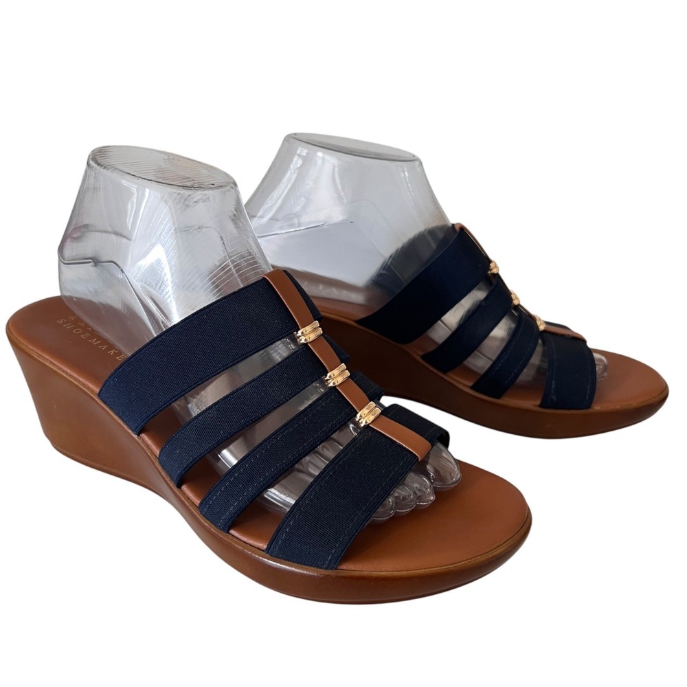 Italian Shoemakers Wedge Sandals Blue Elastic Straps Womens 9M Made‎ in Italy
